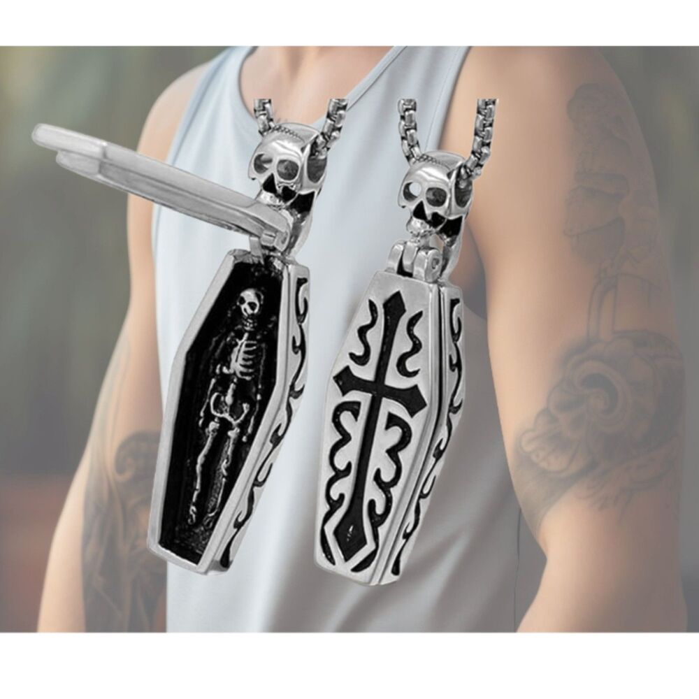 Skeleton in a 2.4" CASKET  OPENS  20" Stainless Steel Chain Men Women Teens